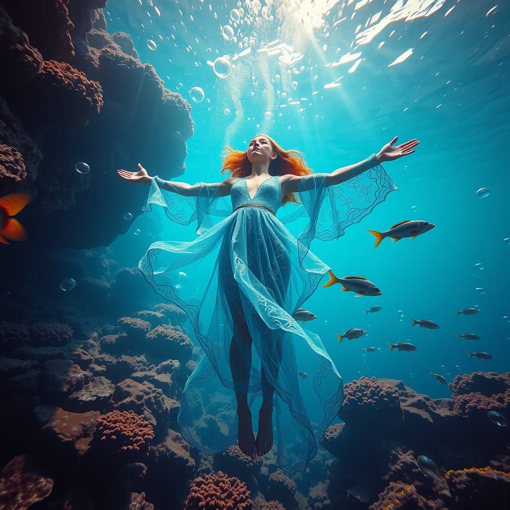 Serenely Floating Mermaid in Vibrant Coral Reef