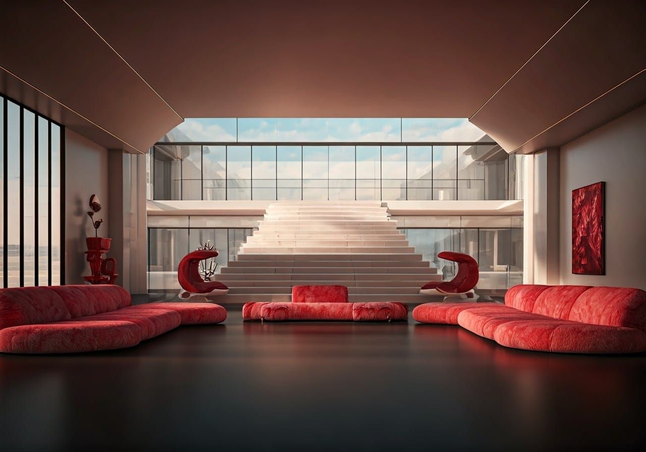 Futuristic Rose Red Living Room in Space Age Style