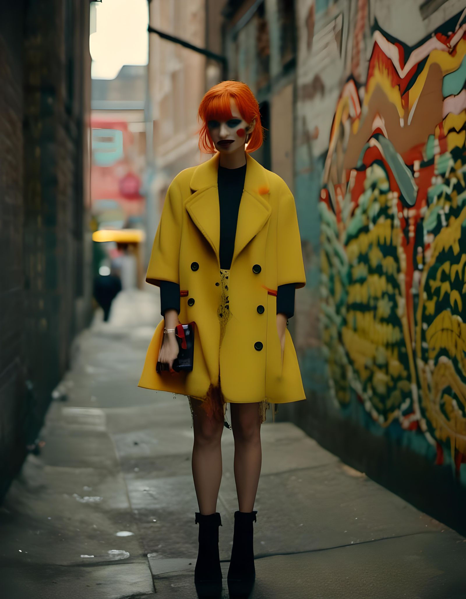 Yellow-Clad Woman in Alleyway, Cinematic Film Still