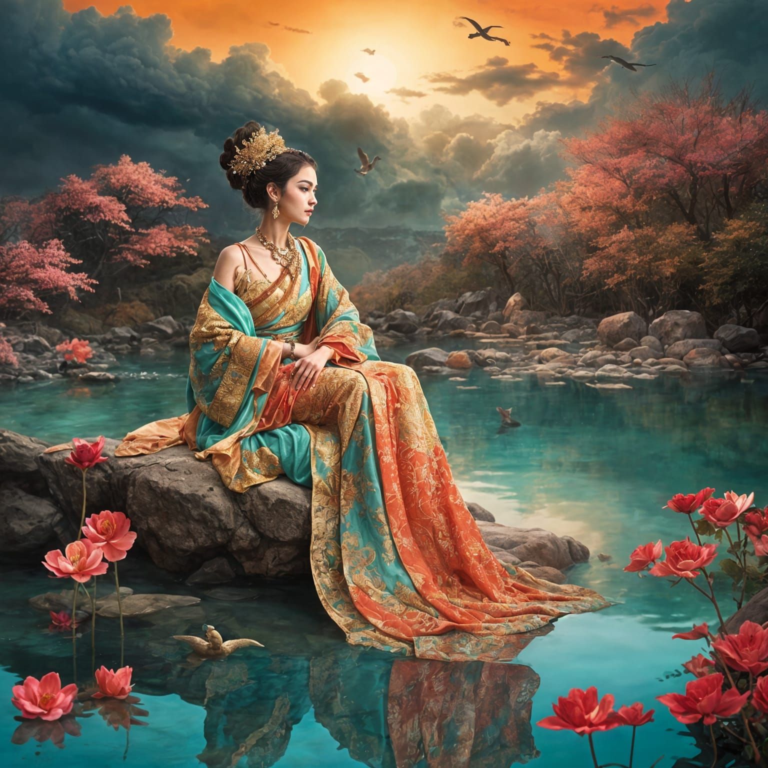 Exotic Princess in a Chiffon Gown with Golden Accents