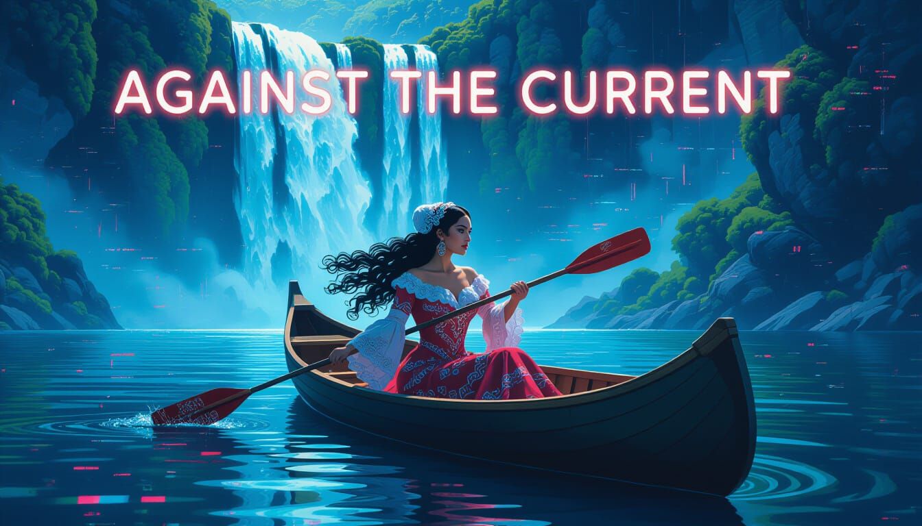 Flamenco Woman Canoeing in Glitchy Neon Landscape