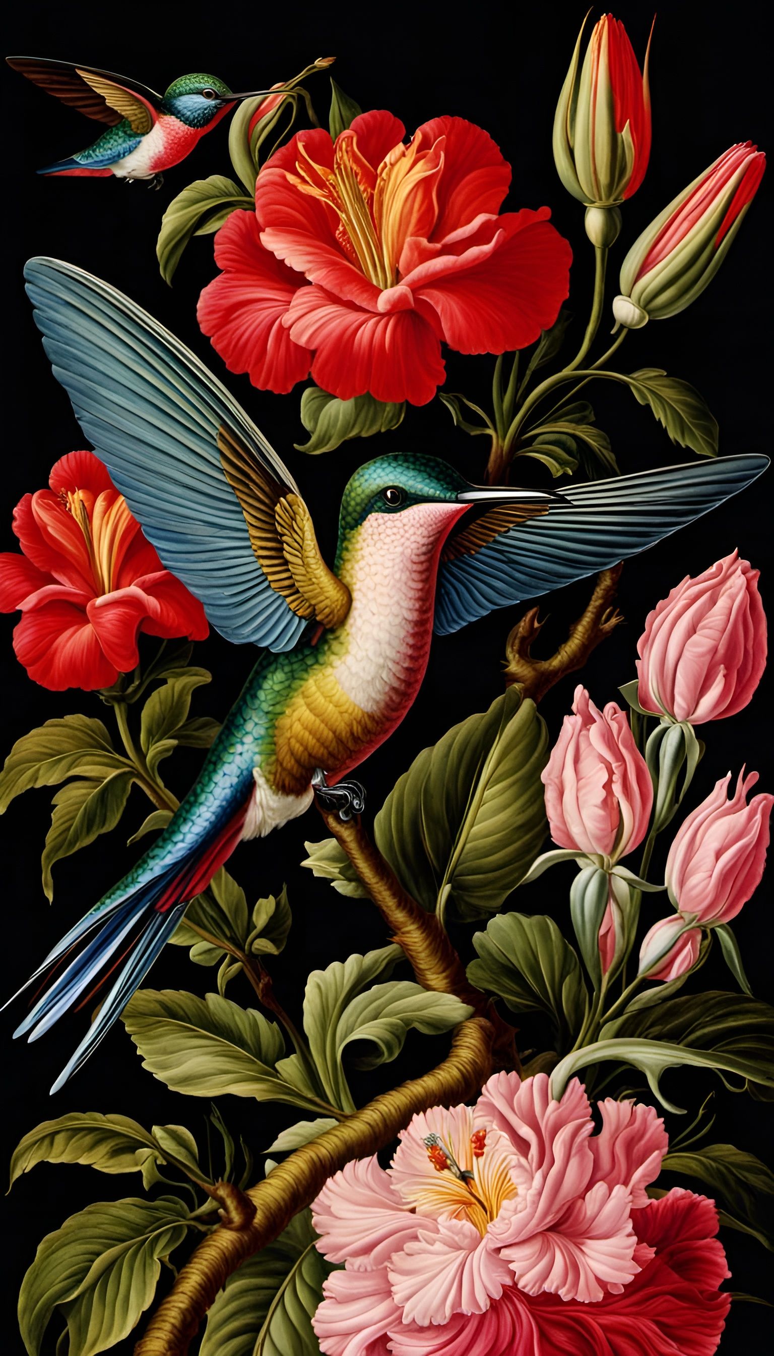 Hummingbird in Tropical Garden in Floral Still Life Style