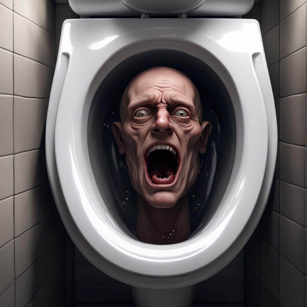 Hyperrealistic Head in Toilet Bowl: Dark Fantasy Art