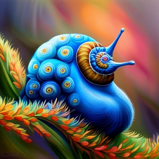 Metallic Blue Snail Portrait with Intricate Floral Details