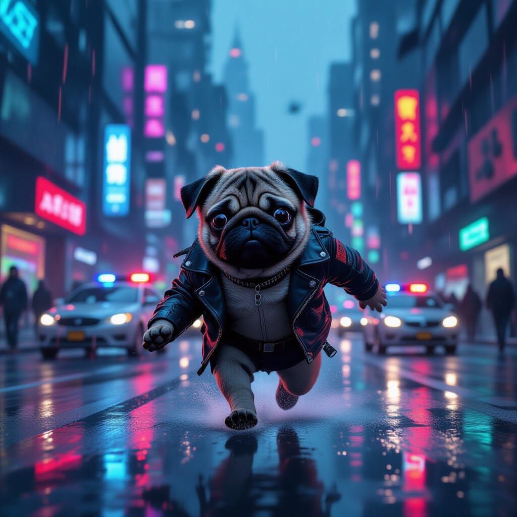 Fawn Pug Races Through Cyberpunk City Streets