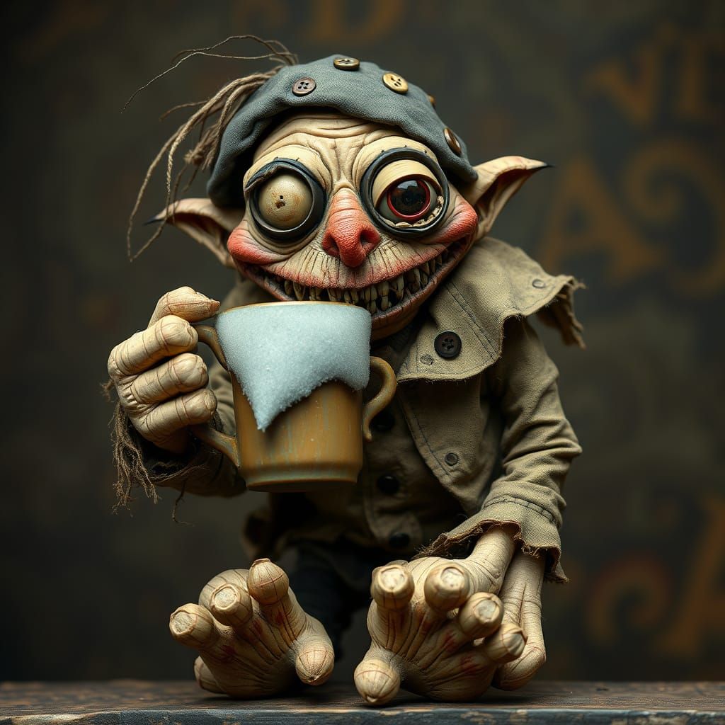 Ugly drinking puppet with garlic feet. Thanks, GOM