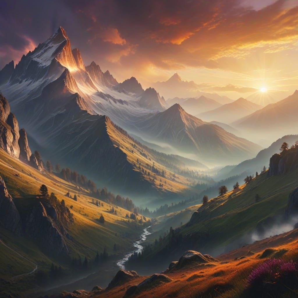 Majestic Mountain Landscape in Warm, Vibrant Hues