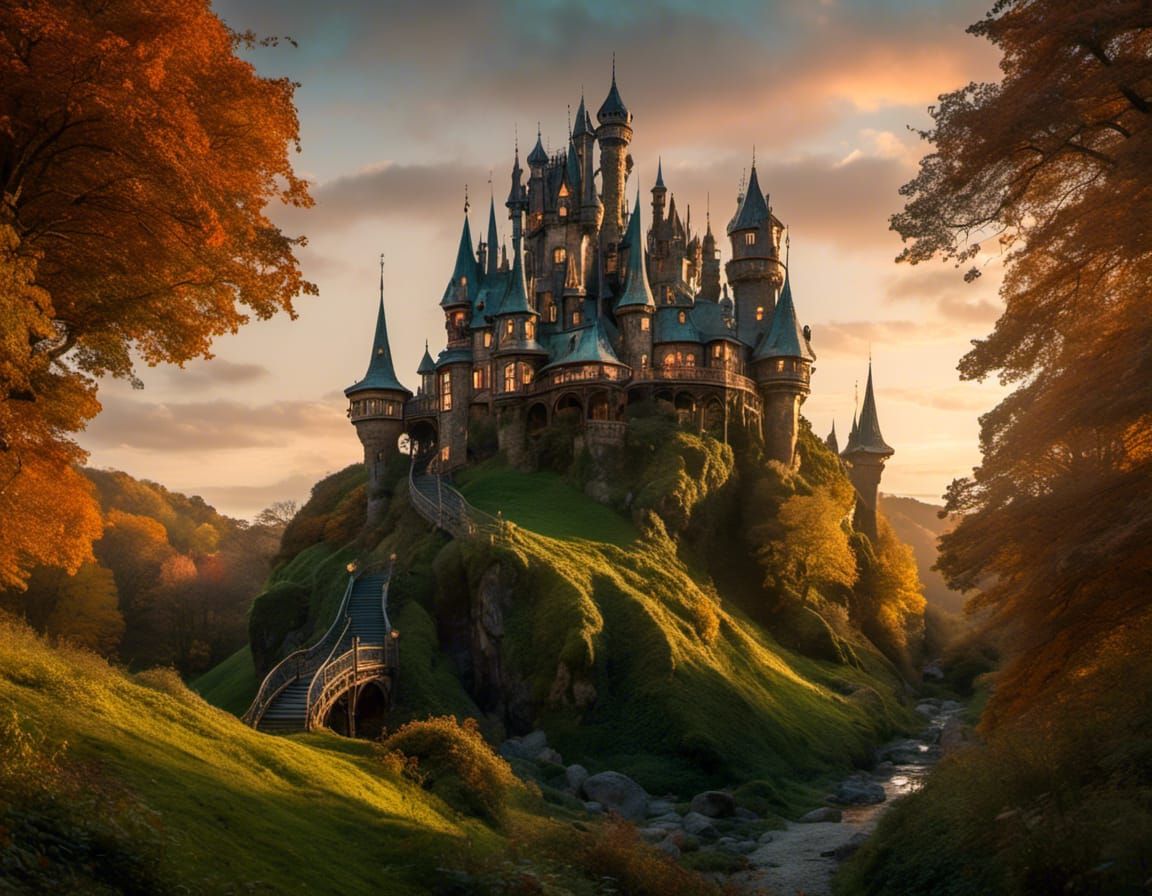 Art Nouveau Castle on Hillside at Twilight