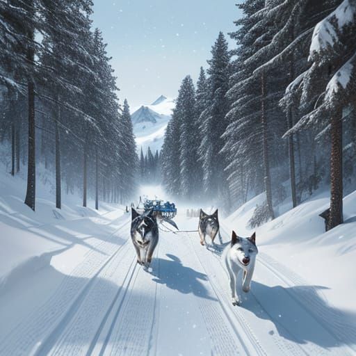 Huskies Pull Sled Through Snowy Arctic Landscape