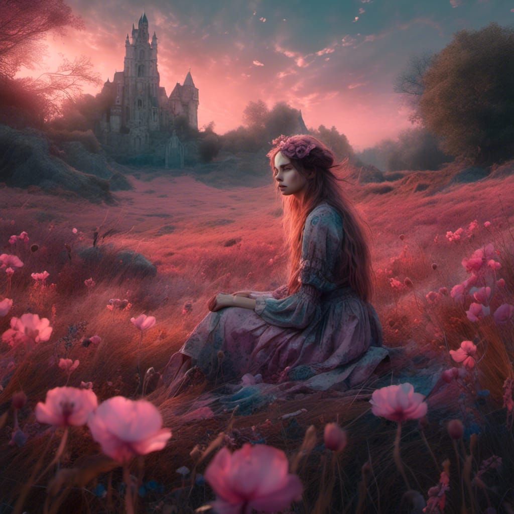 Sad Woman in Meadow, Color Print Art