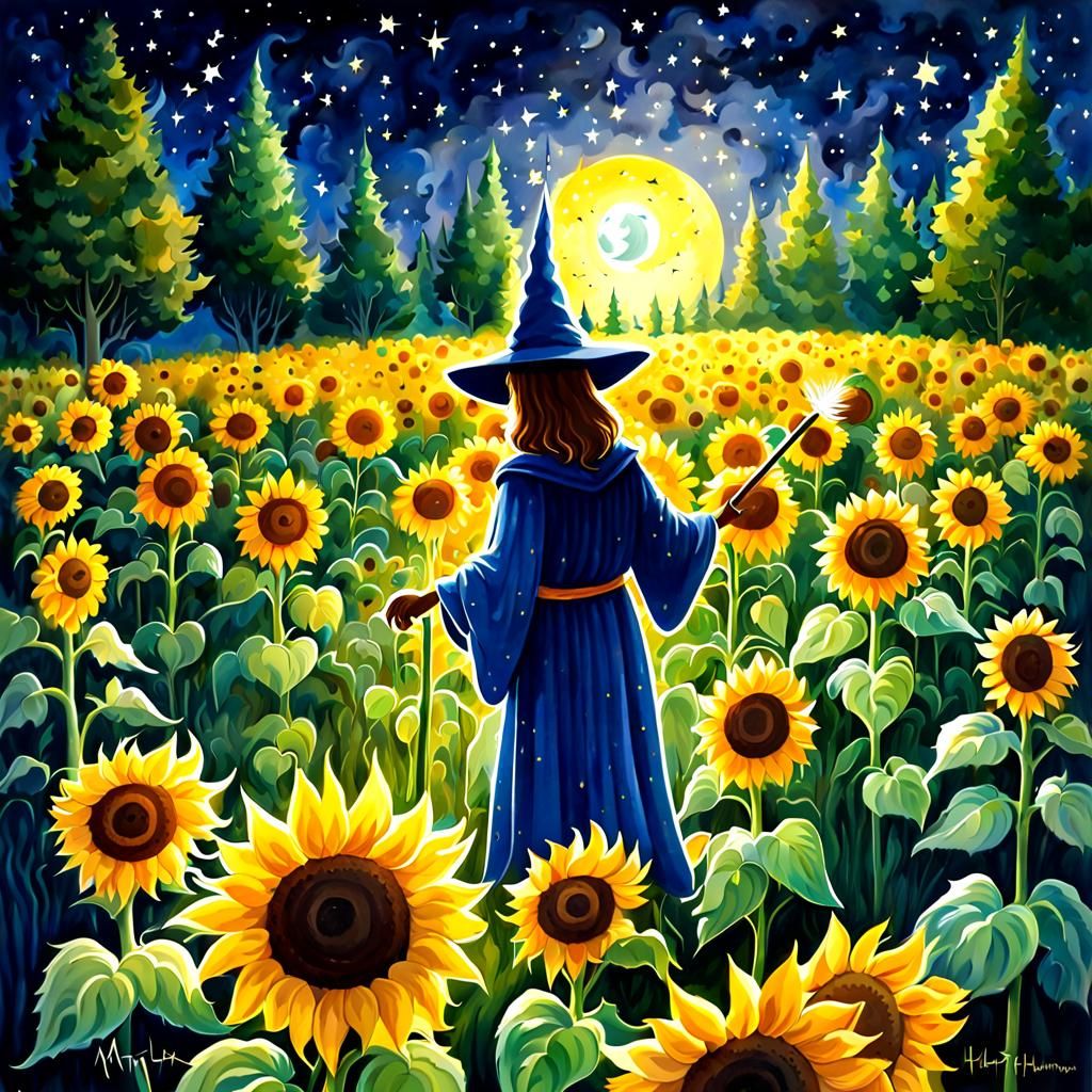 Sunflower Wizard Casts Spell on Moonlit Night