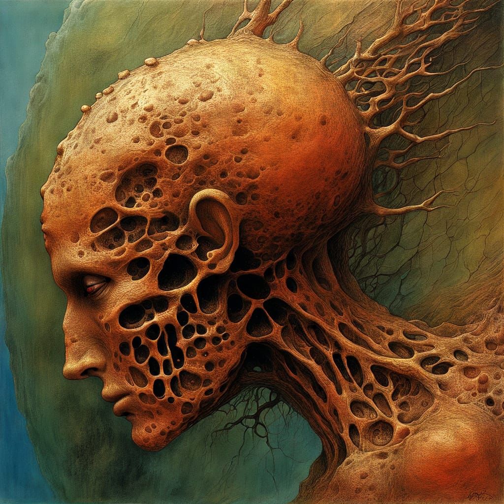 Fragmented Cells Emerging from Skin in Beksiński Style