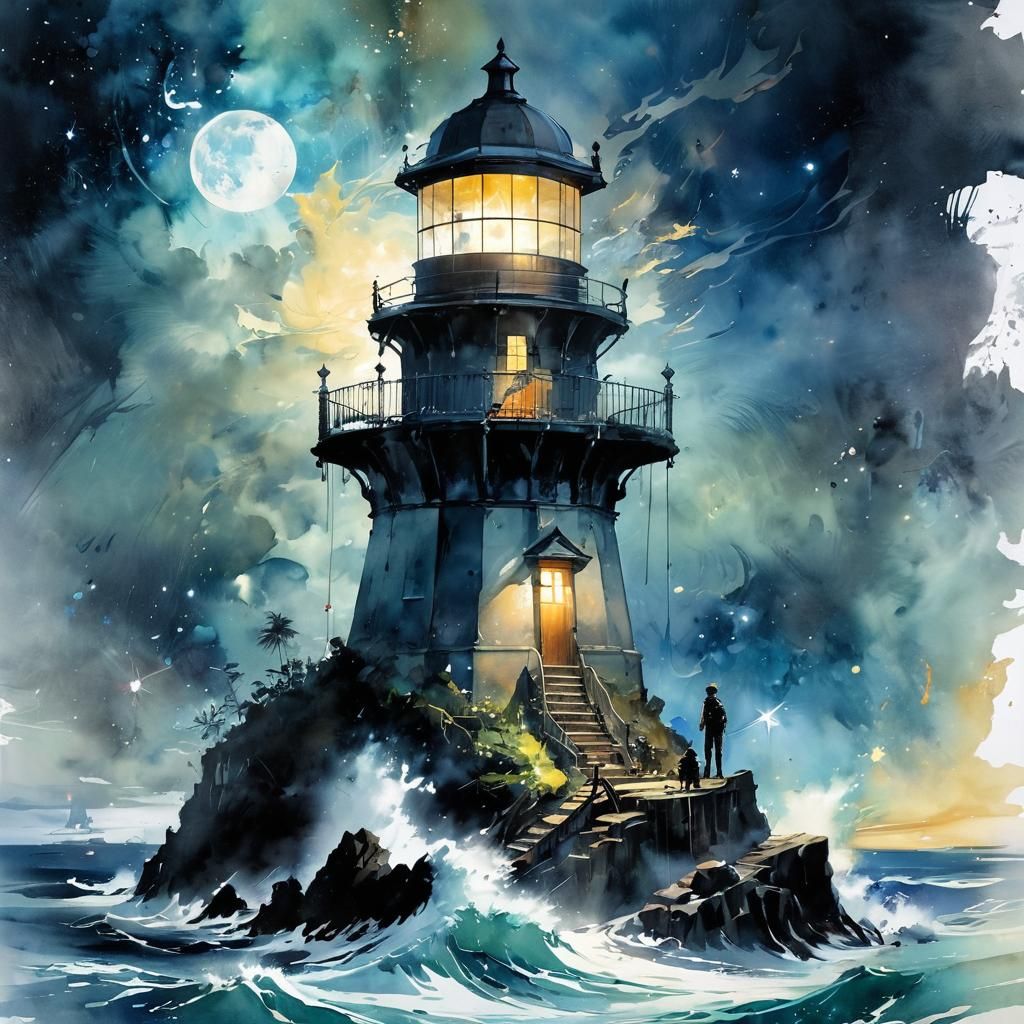 Lighthouse Storm in Fantasy Book, Watercolor Style