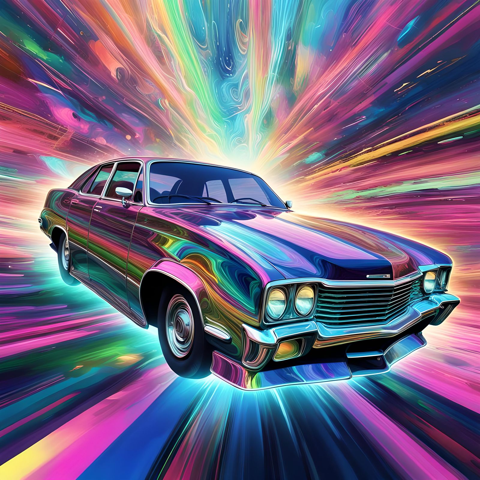 Psychedelic energy surreal car, glowing with vibrant swirlin...