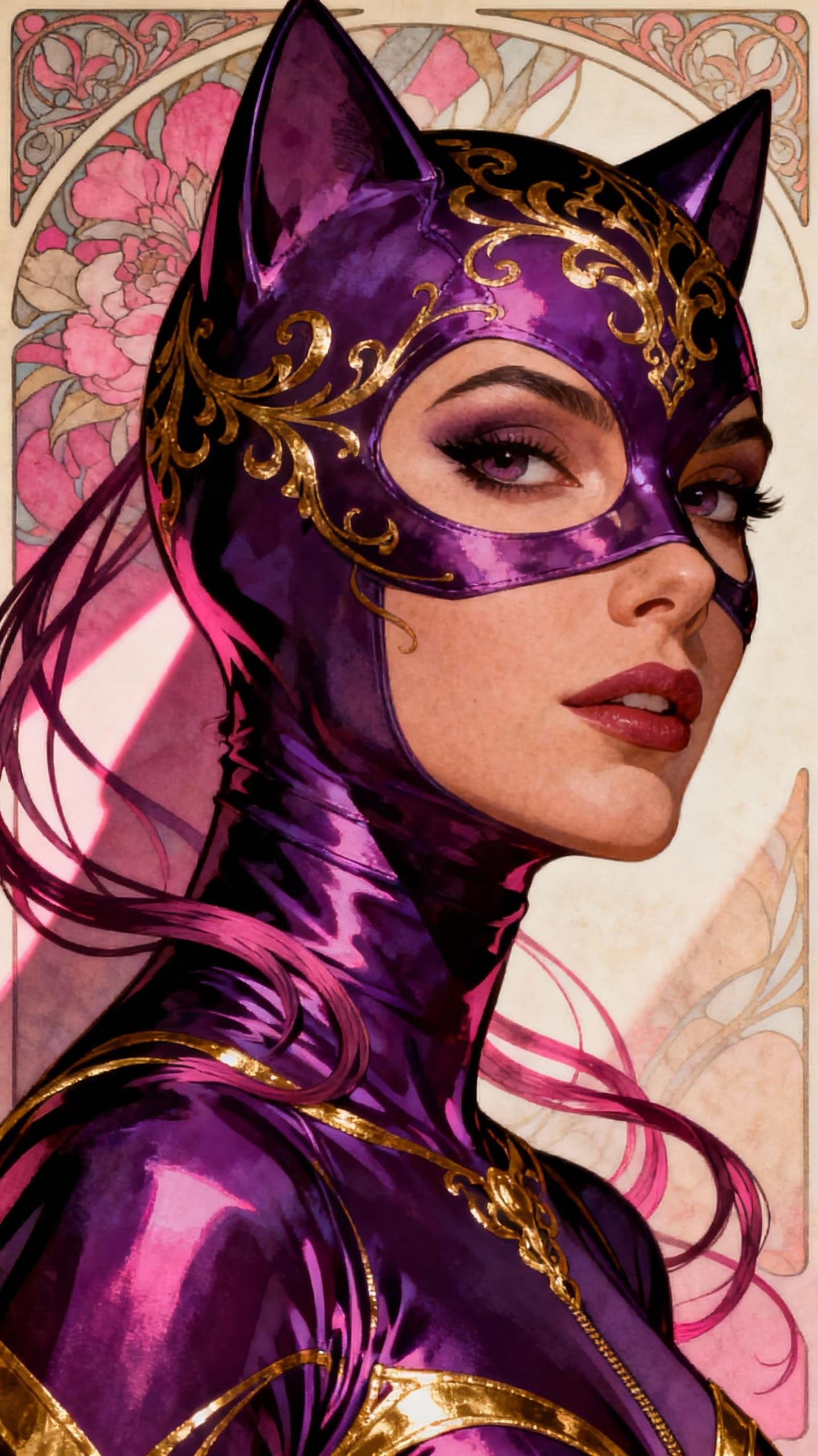 Catwoman in traditional purple uniform, head and shoulders p...