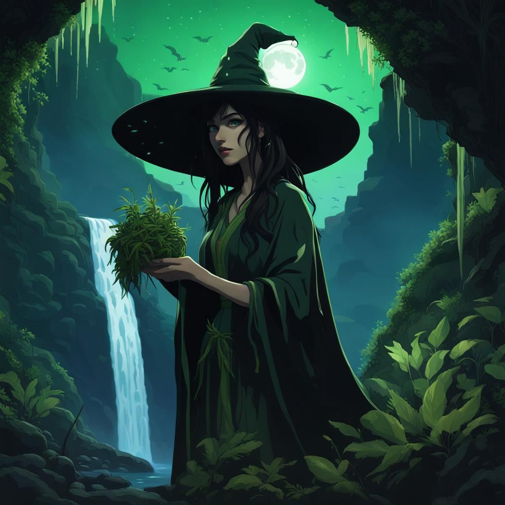 Druid Girl Silhouette at Night: Dark Fantasy Concept Art