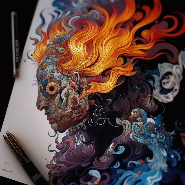 Flaming Hair Portrait: Hyperdetailed Gouache Illustration
