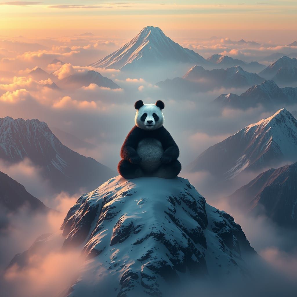 Serene Panda in Majestic Snowy Mountain Landscape