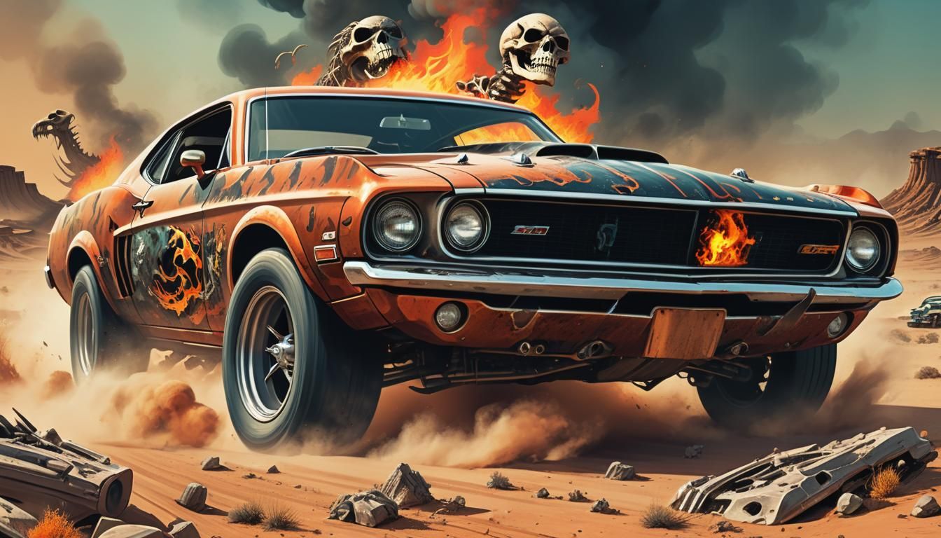 Retro Horror Comic Poster of Mustang in Wasteland