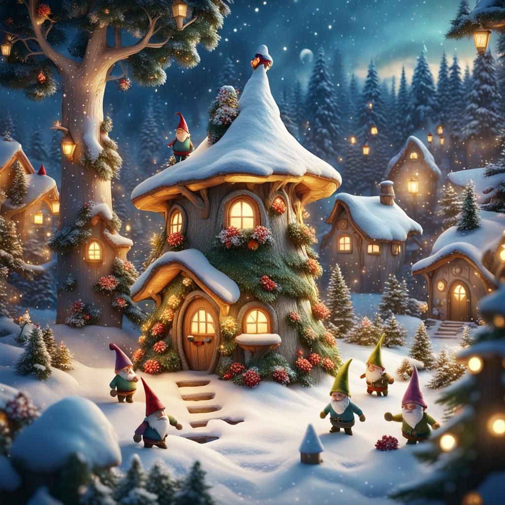 Gnomes Decorating Christmas Tree in Snowy Garden