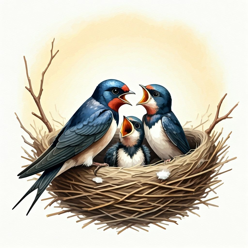 Swallow Feeding Chicks in Nest: Watercolor Art