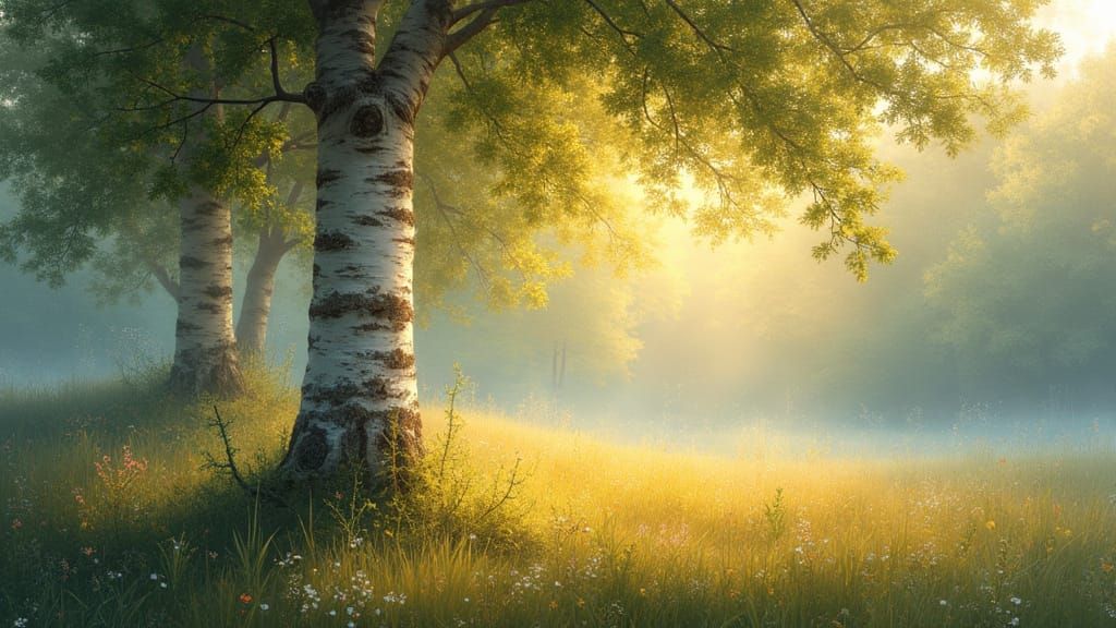 Ethereal Birch Tree in Shimmering Light