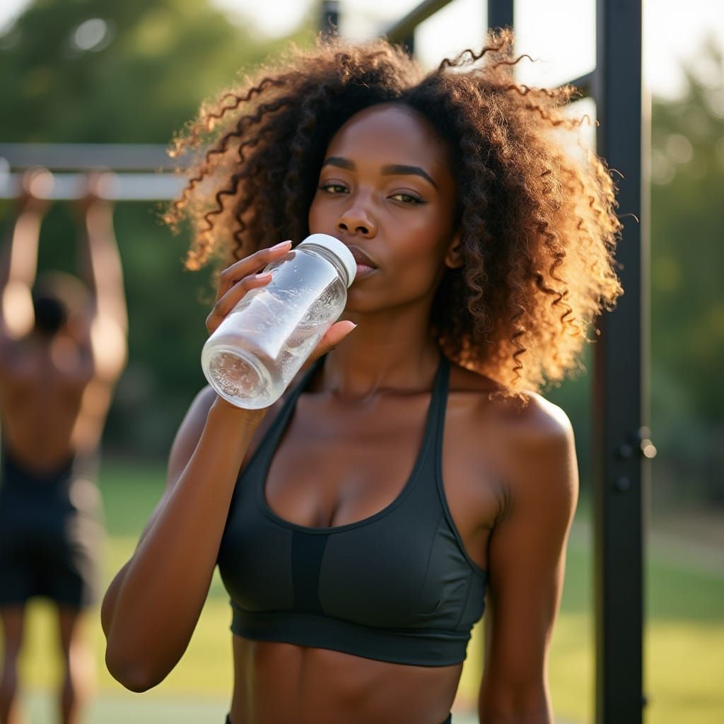Fit Black Woman Refreshes at Outdoor Gym
