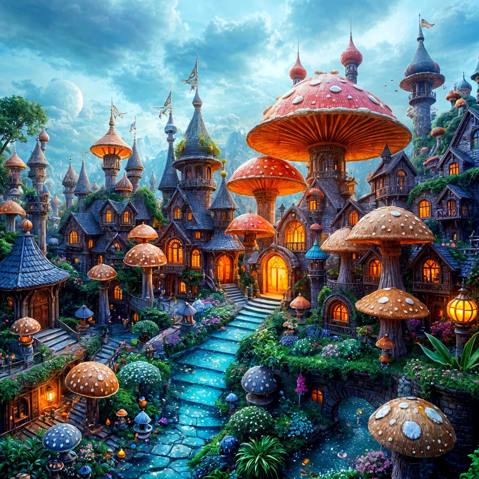 Whimsical Cityscape with Hyper Realistic Mushrooms