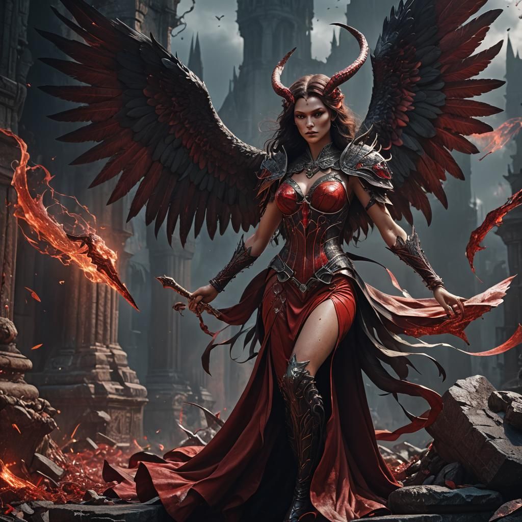 Fallen Angel Sorceress in Red Dress