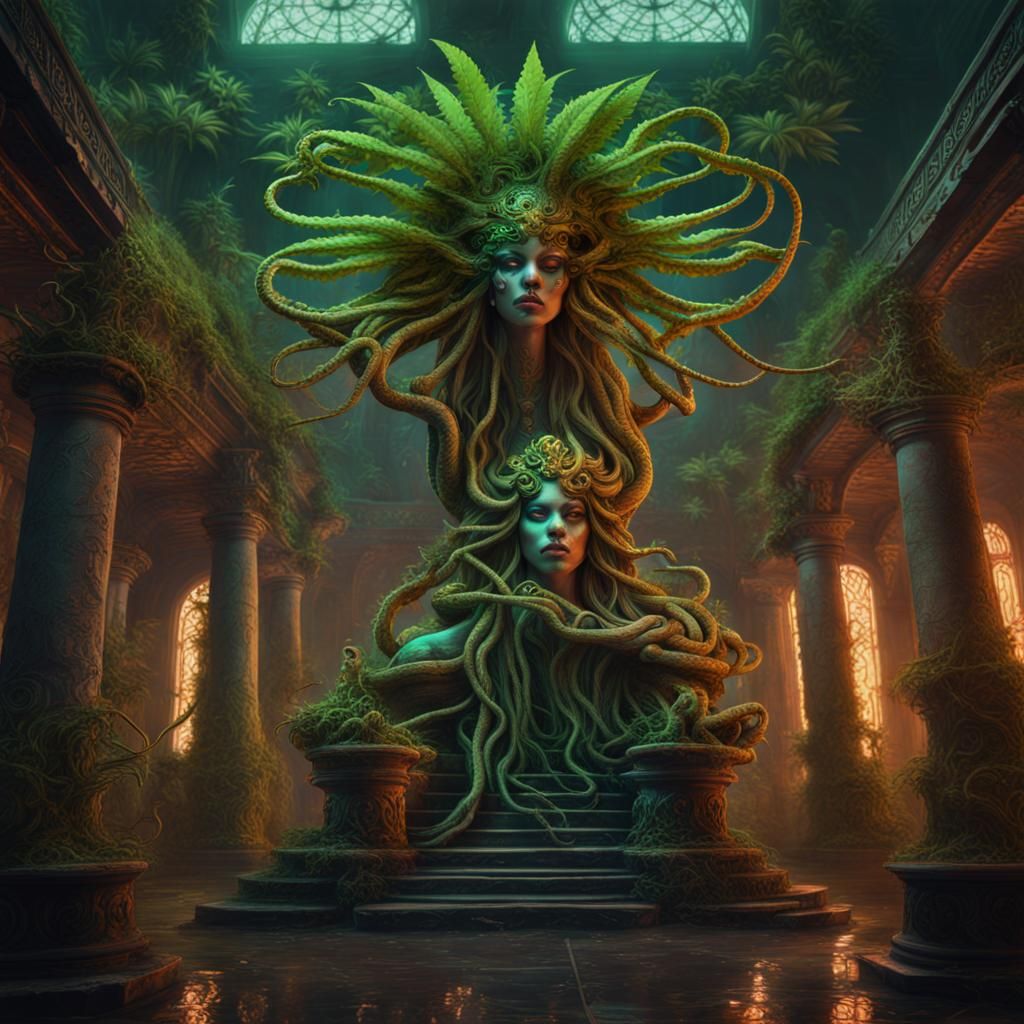 Medusa in Cannabis Temple: Detailed Matte Painting
