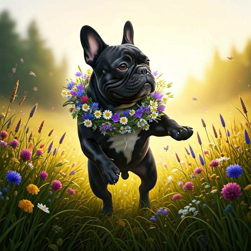 Hyperrealistic French Bulldog in a Vibrant Floral Wreath