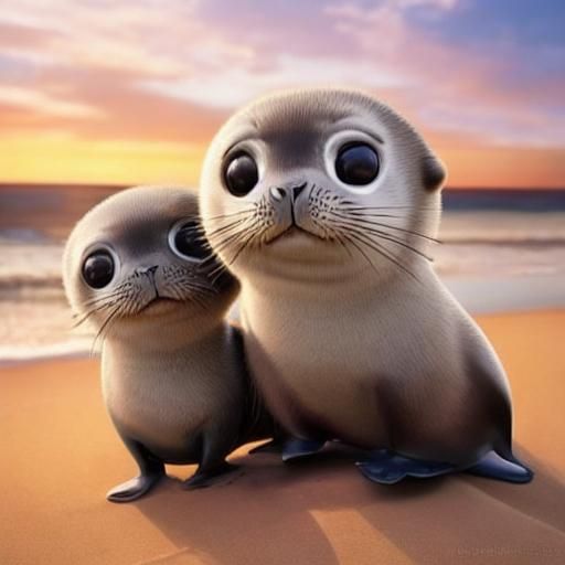 Cute Seal Family on the Beach in Chibi Realism