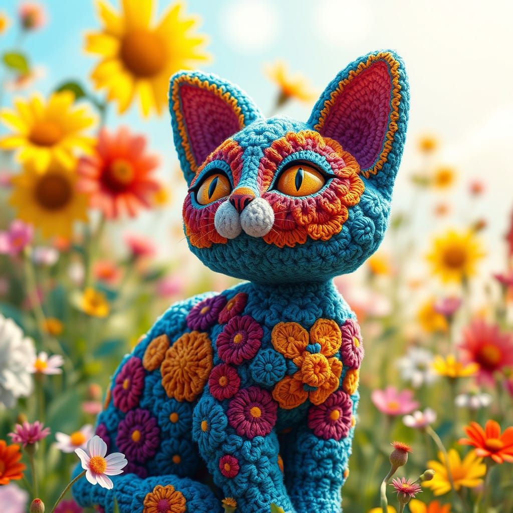 Whimsical Cat Amidst Vibrant Floral Fantasy