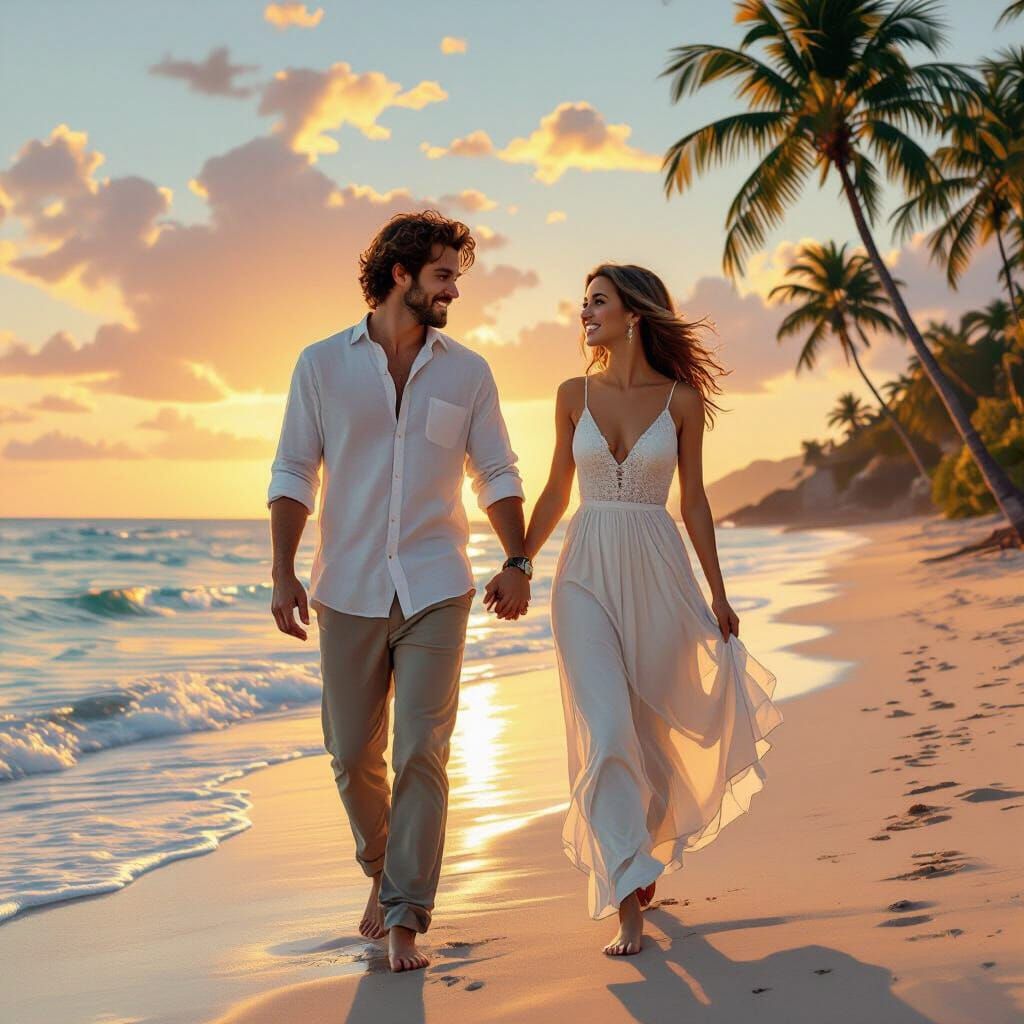 Romantic Couple on Beach at Sunset in Art Nouveau Style