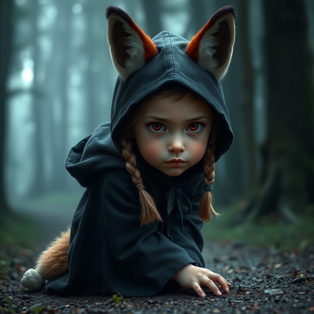 Young Fox-Eared Girl in Enchanted Forest