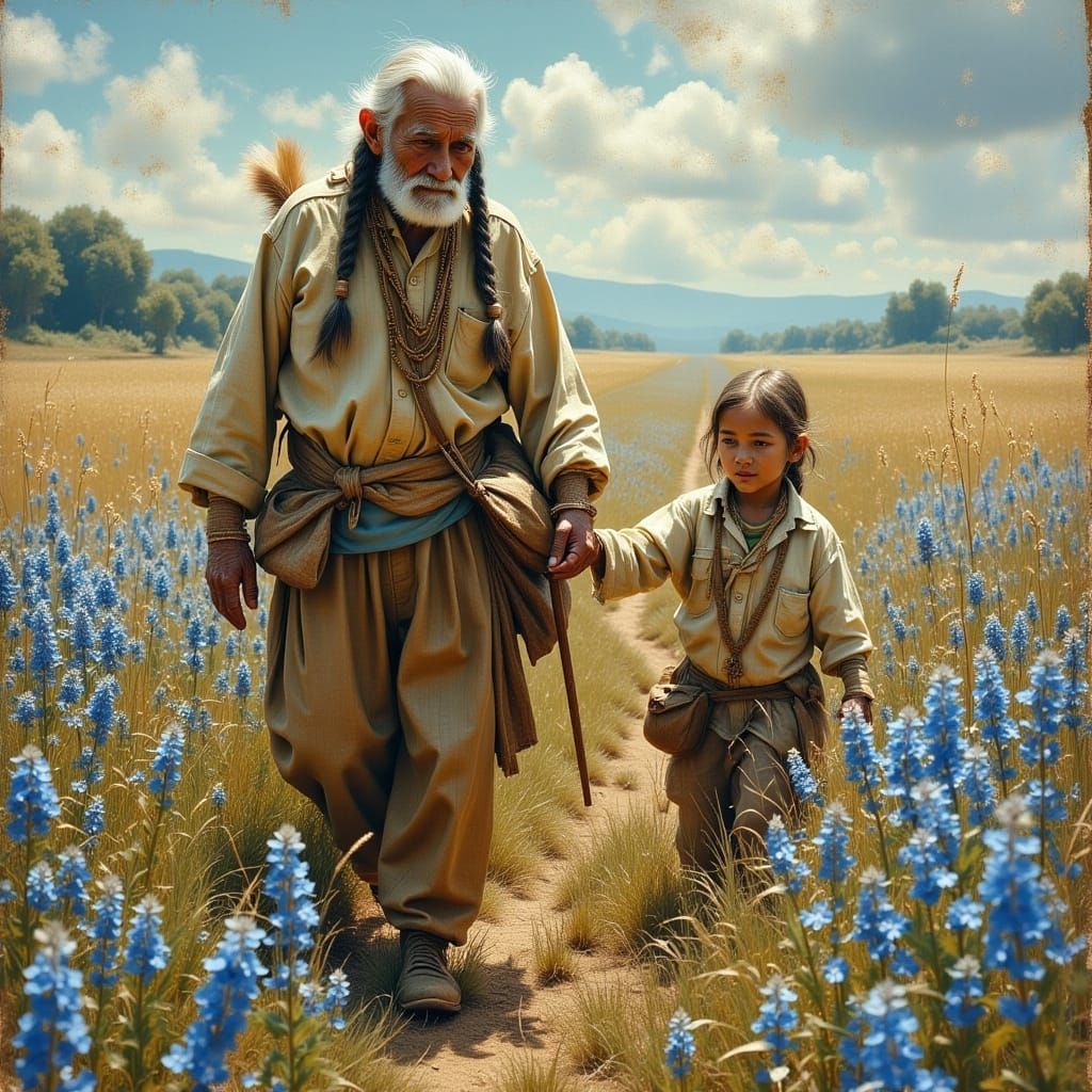 Elderly Native American Grandfather and Child in Wildflower ...