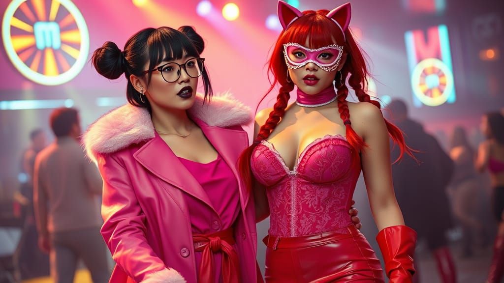 Vibrant Rave Scene with Two Women Dancing in Sync