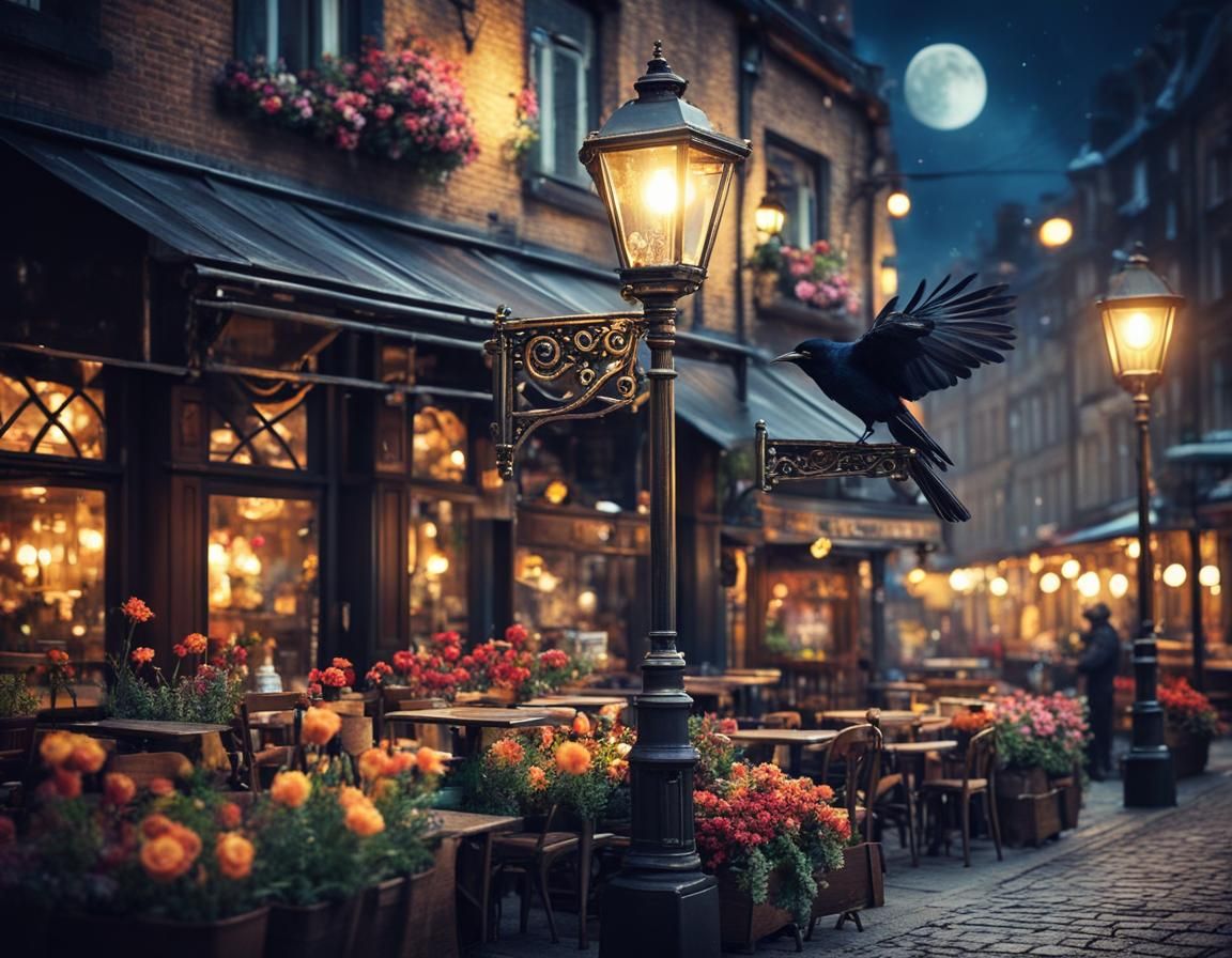Night Street Scene with Steampunk Cafe