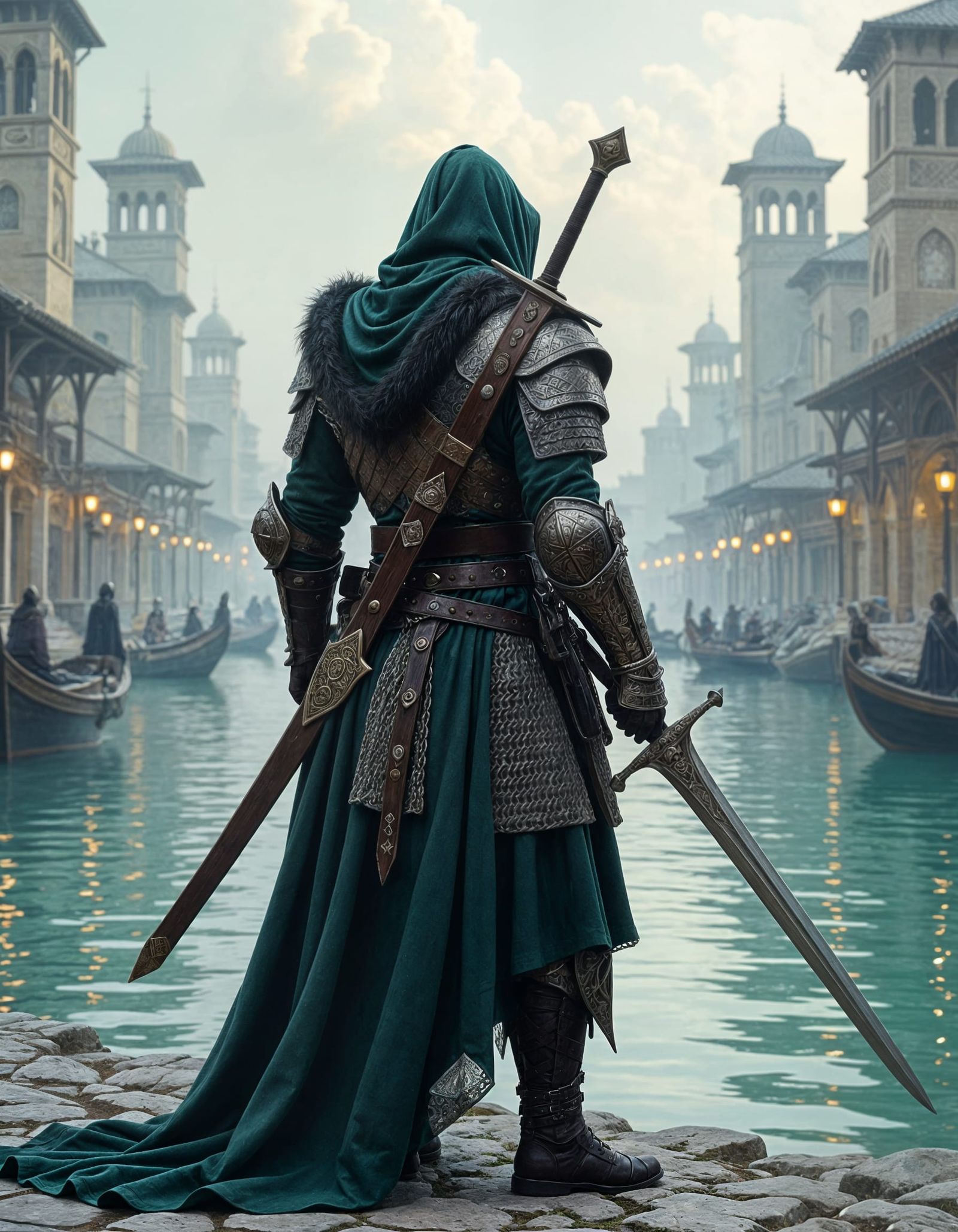 Celtic Warrior in Arabian Harbour, Fantasy Art