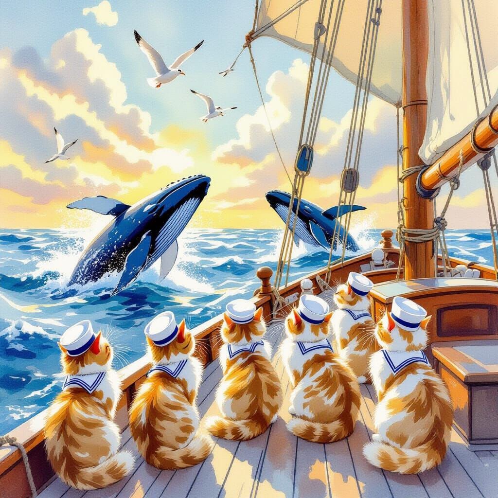 Fluffy Cats in Sailor Hats Watch Whales Breach