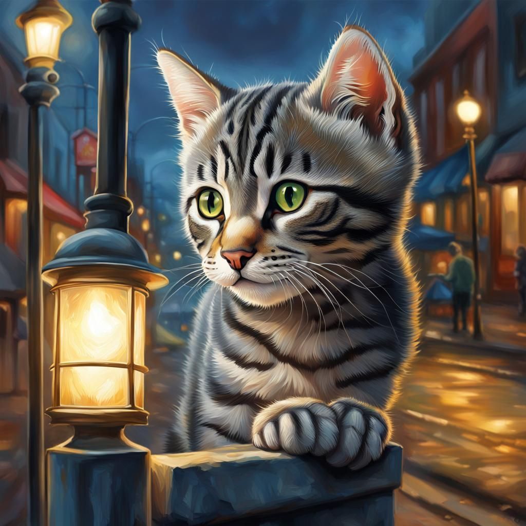 Hyperrealistic Kitten Under Street Lamp