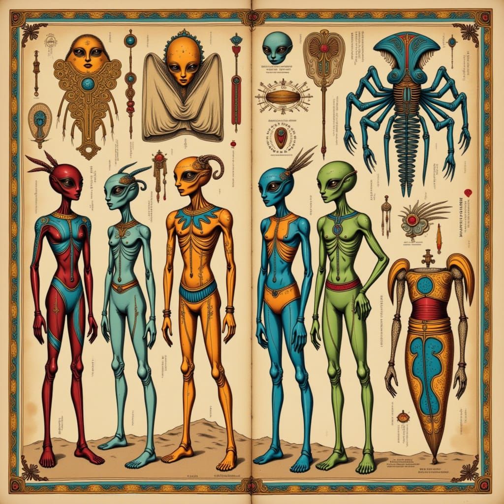 Vintage Aliens from Distant Galaxies in Intricate Pictograph...