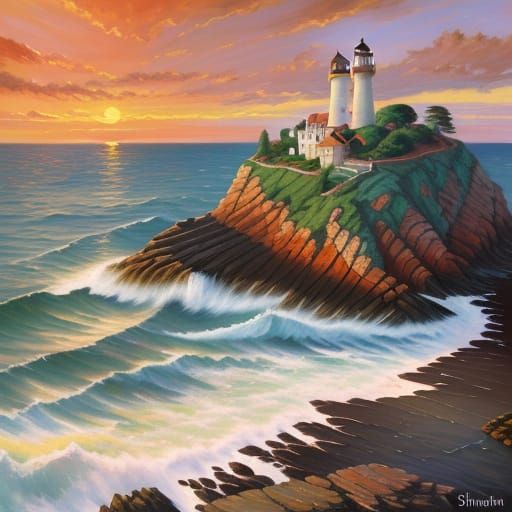 Impressionist Coastal Lighthouse Painting at Sunset