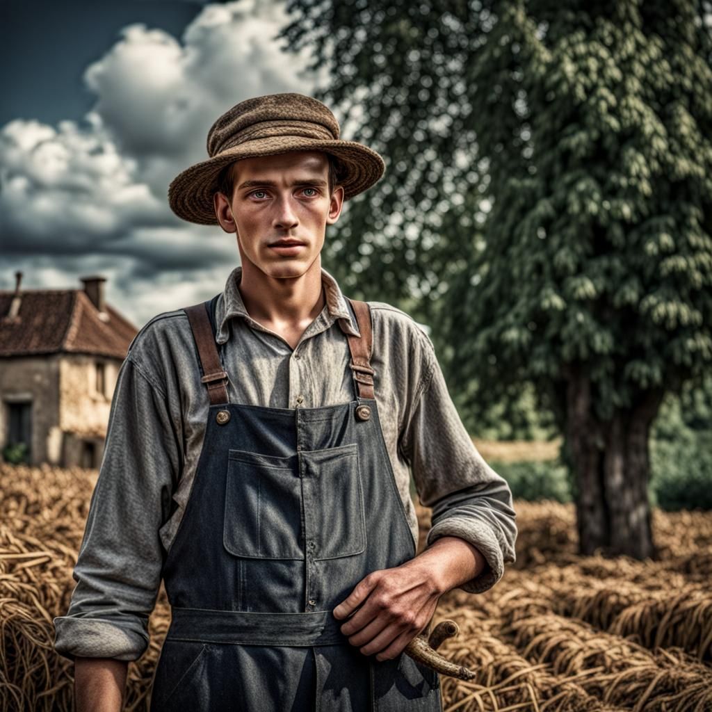 Adolescent Farmer in 1940s France, Hyperrealistic Detail