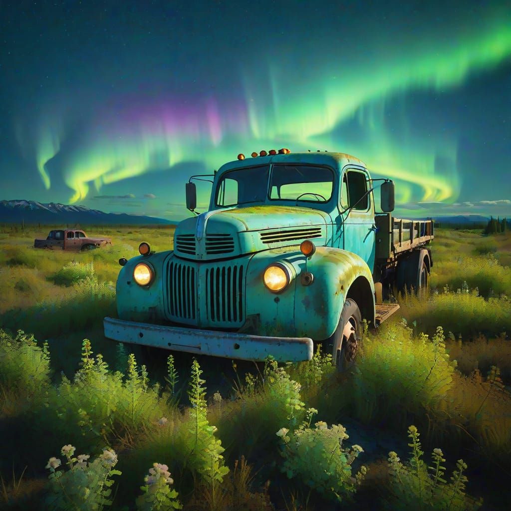 Derelict Truck in Bioluminescent Field Under Aurora
