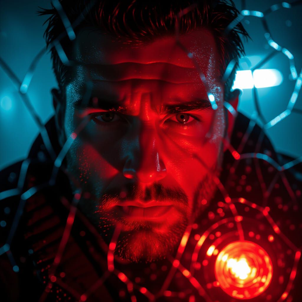 Face in Red Emergency Light Reflected in Cracked Glass