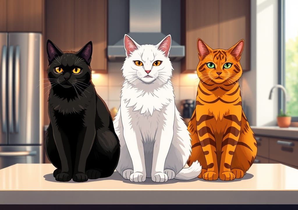 Three Cats in Kitchen, Flat Manga Style Illustration