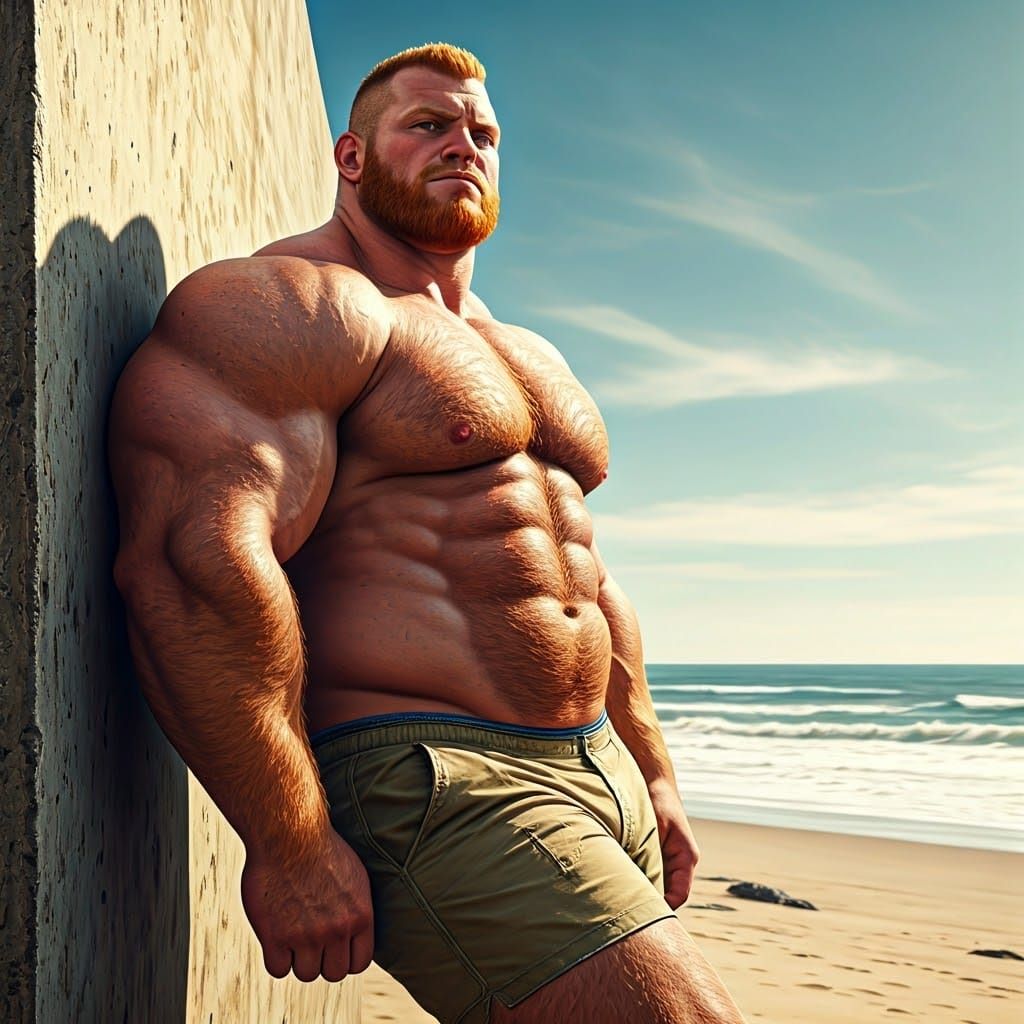 Hyperrealistic Bodybuilder on the Beach: Digital Art