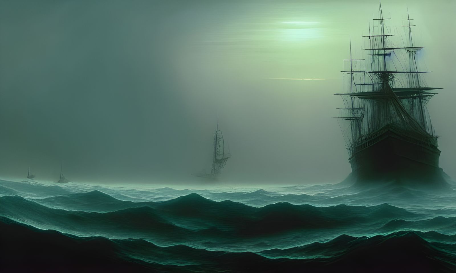Ghost Ship on Haunted Seas: Detailed Matte Painting