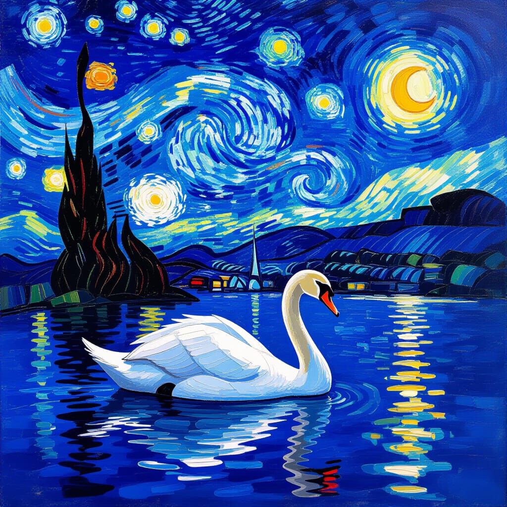 Majestic Swan on Lake in Van Gogh Impasto Style